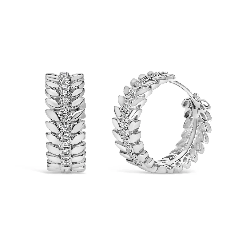 14K White Gold 1/4 Cttw Lab Grown Diamond Leafy Wreath Hoop Earrings