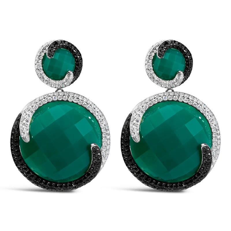 14K White Gold 2.0 Cttw White and Black Diamond and Green Agate Double Medallion Disc Drop and Dangle Earrings