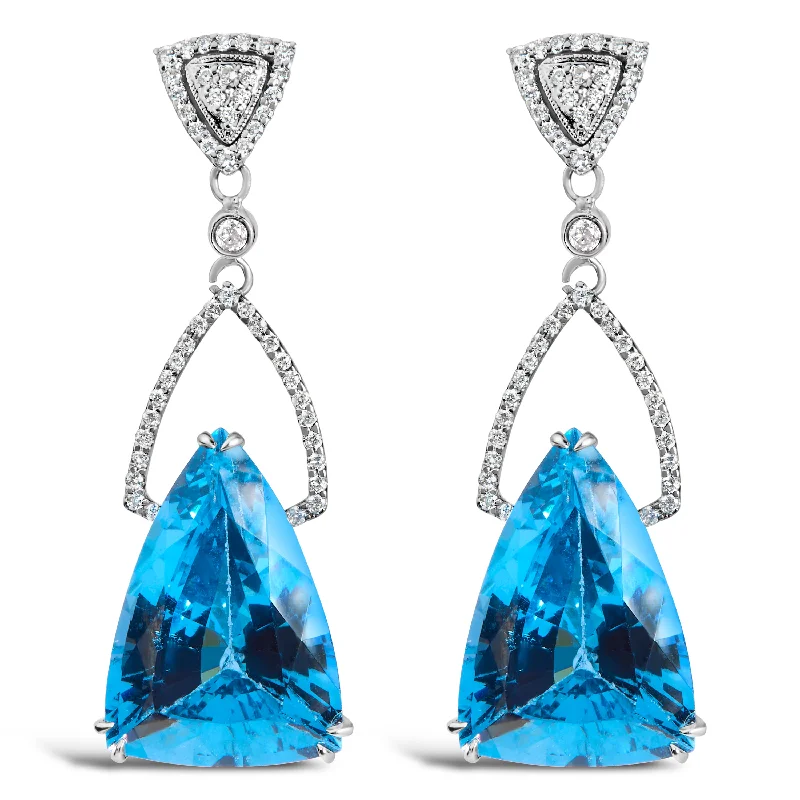 14K White Gold Earrings 4/5 Cttw Diamond and 18x11 MM Trillion Cut Blue Topaz Drop and Dangle Earrings