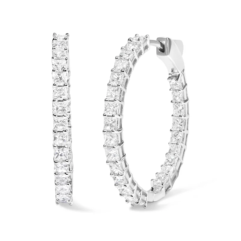 14K White Gold Natural Princess Cut Diamond Inside Out Hoop Earrings