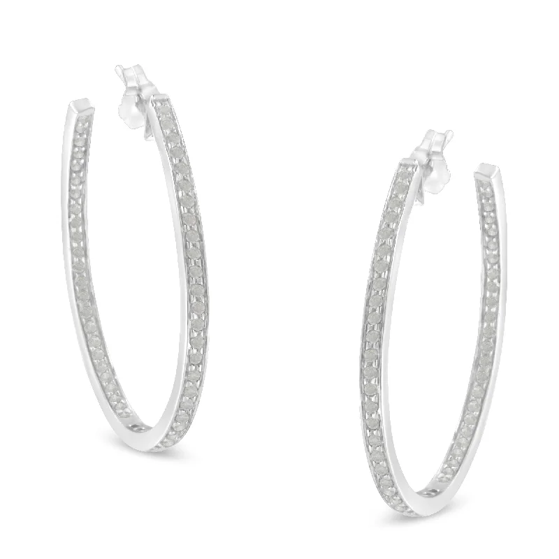 14K White Gold Round Diamond Hoop Earrings