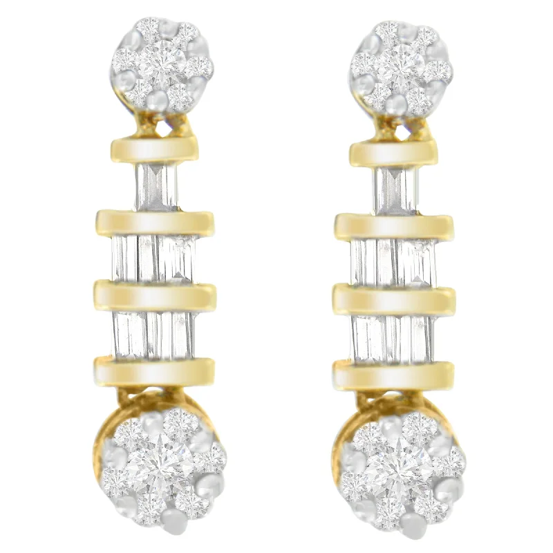 14K Yellow Gold 3/4ct. TDW Round and Baguette-cut Diamond Dangle Earrings