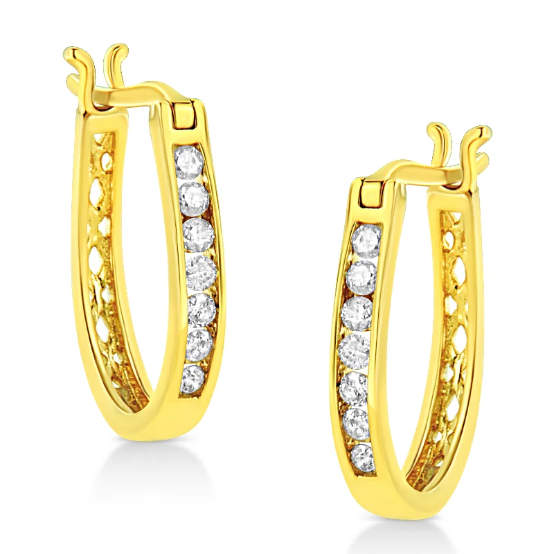 14K Yellow Gold Plated .925 Sterling Silver 1/4 Cttw Diamond Leverback 3/4" Inch Hoop Earrings