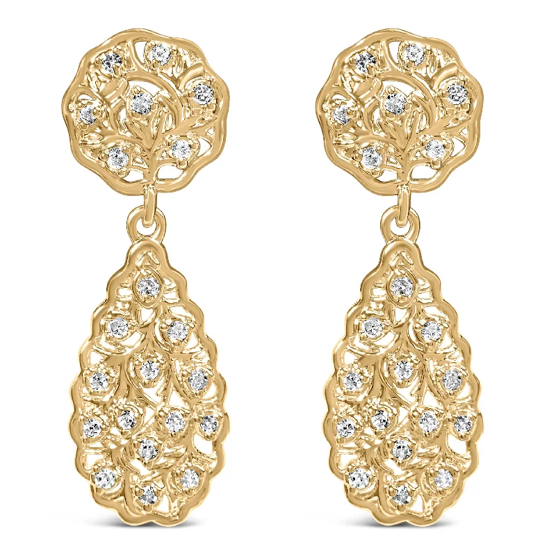 14K Yellow Gold Plated Sterling Silver 1/5 Cttw Diamond Teardrop Filigree Earrings