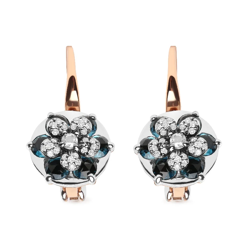 18K Rose and White Gold 1/3 Cttw Round Diamonds and Round London Blue Topaz Gemstone Cluster Floral Drop Hoop Earrings