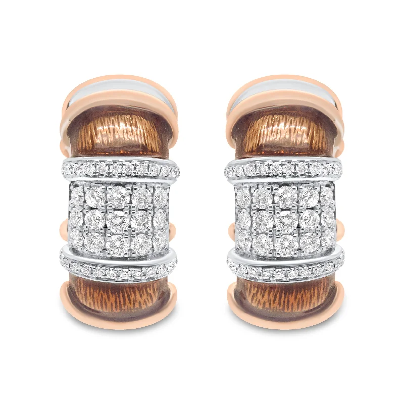 18K White and Rose Gold Flash Plated .925 Sterling Silver Clear Brown Enamel 1/6 Cttw Round Diamond Huggie Hoop Earrings