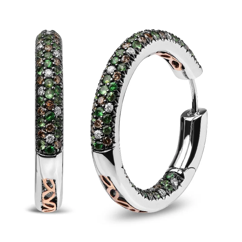 18K White Gold 1.00 Cttw Brown and White Diamond and 1.3mm Round Green Tsavorite Gemstone Inside Outside Hoop Earrings