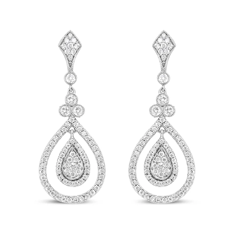 18K White Gold 1 1/4 Cttw Round Diamond Openwork Teardrop-Shaped Dangle Earrings