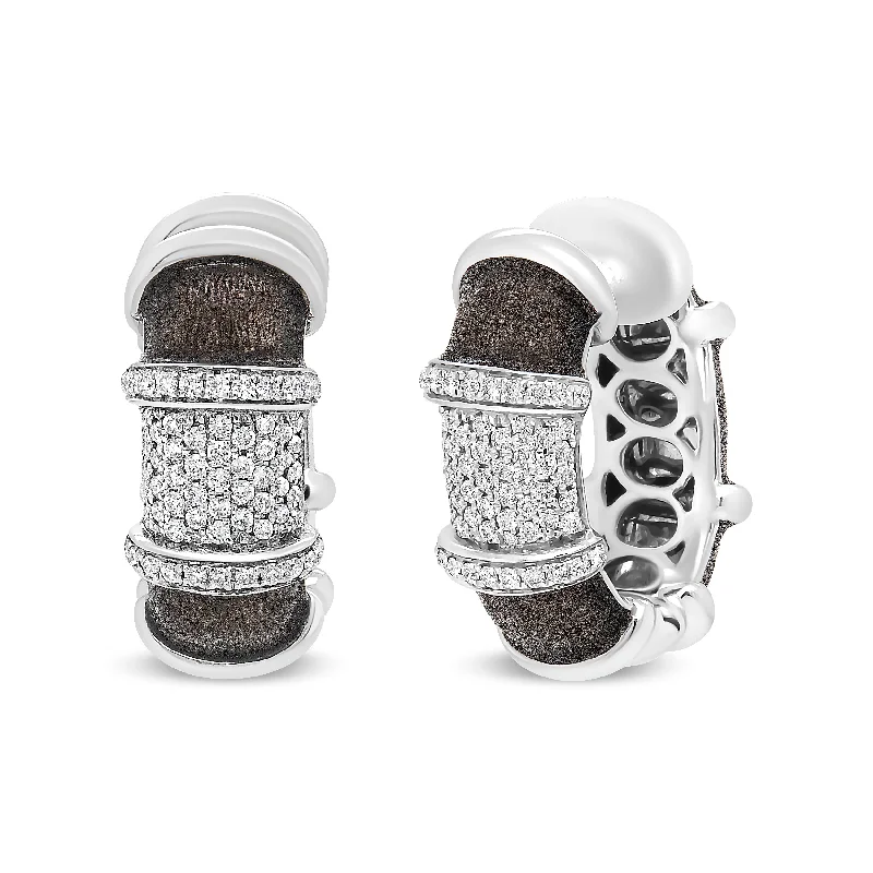 18K White Gold Flash Plated .925 Sterling Silver Clear Graphite Grey Enamel 5/8 Cttw Round Diamonds Huggie Hoop Earrings