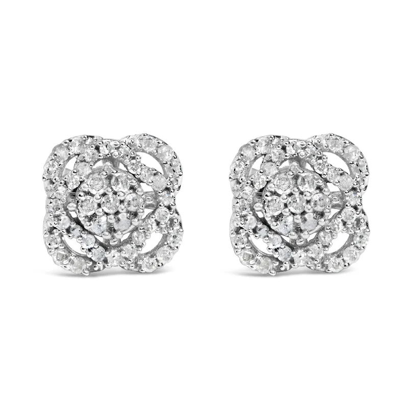 .925 Sterling Silver 1/2 cttw Round-cut Diamond Floral Cluster and Halo Stud Earring