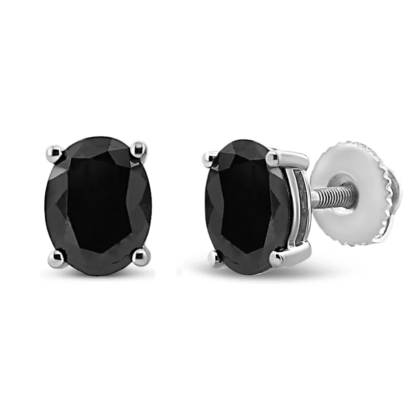 .925 Sterling Silver Prong Set Treated Black Oval Diamond Stud Earring