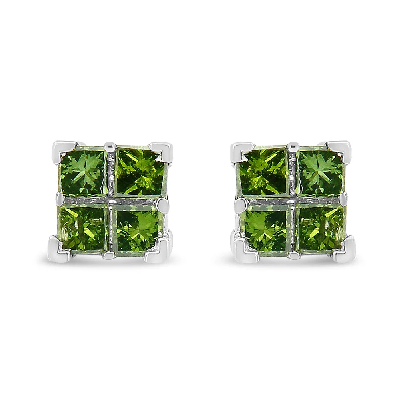 .925 Sterling Silver Treated Green Princess-cut Diamond 4 Stone Composite Quad Stud Earring