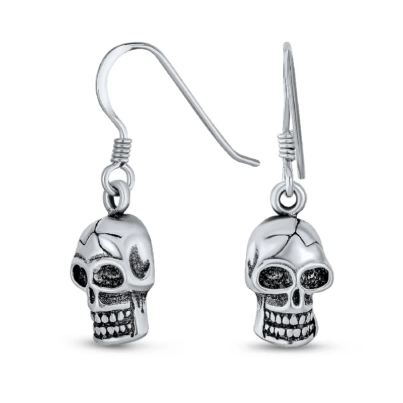 Biker Jewelry Dangle Earrings Pirate Skull Design in  Sterling Silver