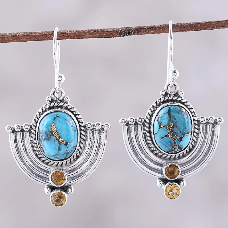 Blue Flame Citrine and Blue Composite Turquoise Dangle Earrings