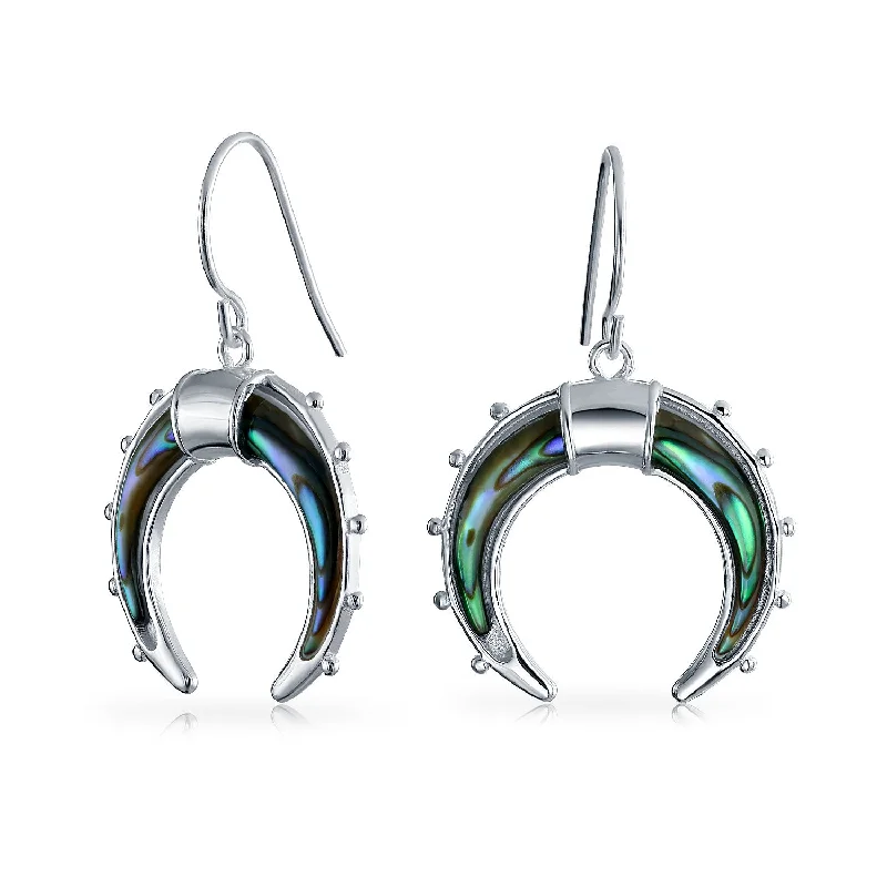 Boho Celestial Abalone Shell Dangle Earrings Blue Green Rainbow Sterling Silver