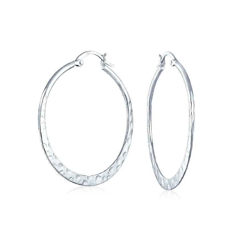 Boho Hammered Flat Hoop Huggie Earrings in Sterling Silver 1.5 Inch Diameter