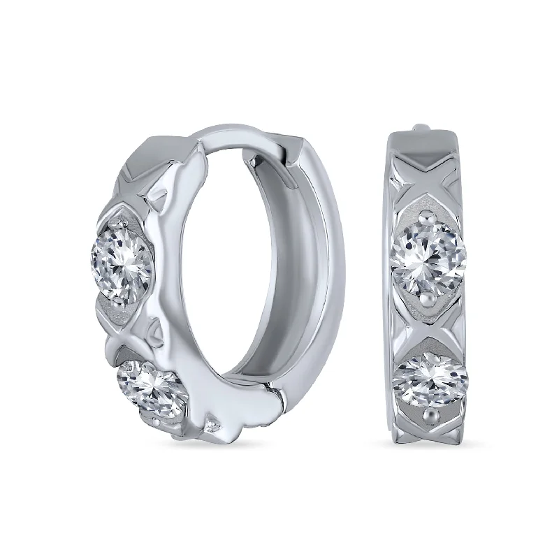 Elegant CZ Hoop Earrings Criss Cross OXOX Huggie Sterling Silver for Men