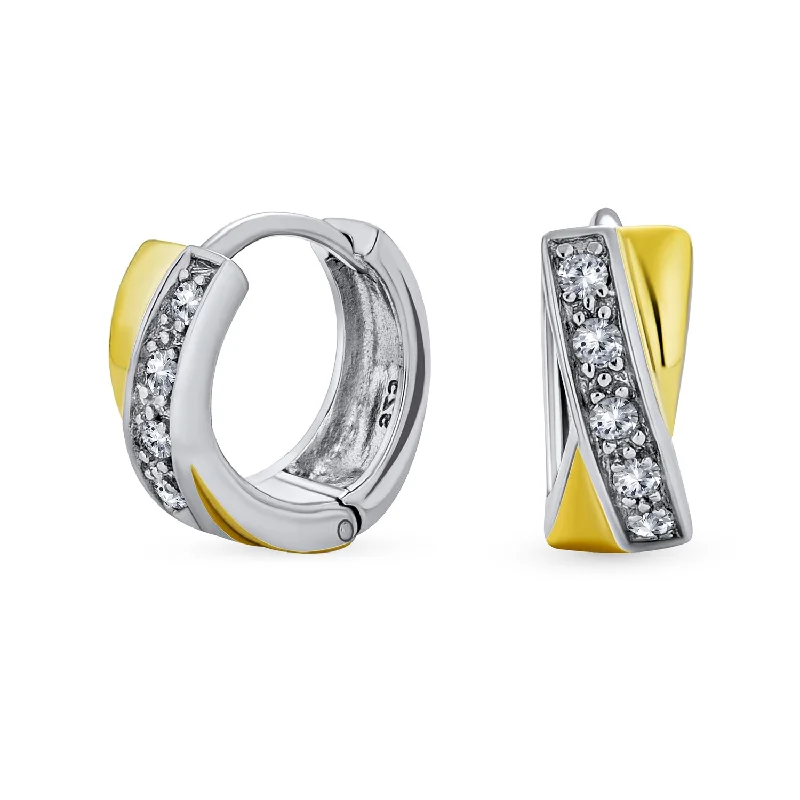 Elegant CZ Hoop Earrings Gold Plated Cross Twist Huggie for Men Sterling Silver