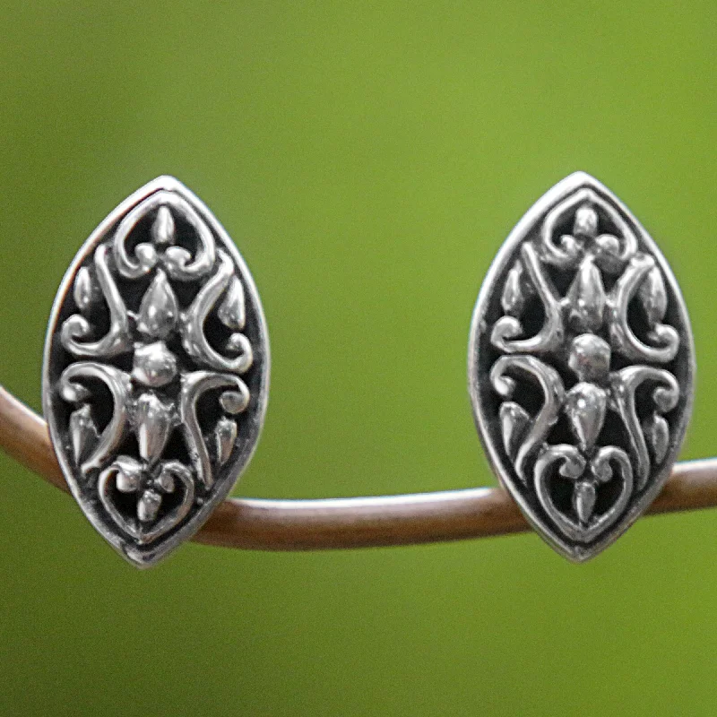 Floral Shield Sterling Silver Oval Button Earrings from Indonesia