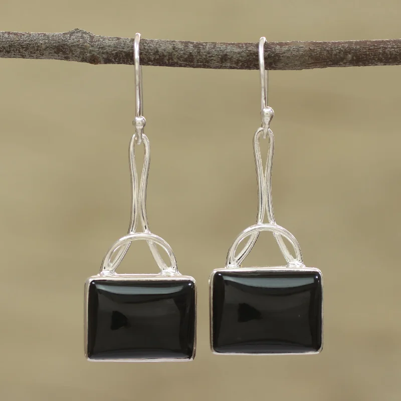 Mystical Gaze in Black Black Onyx Rectangular Dangle Earrings from India