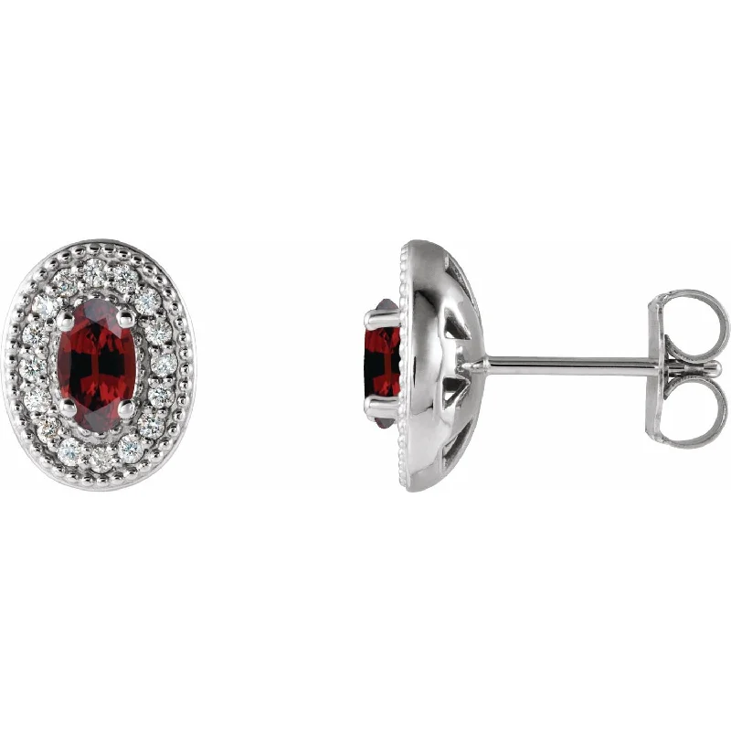 Oval Garnet & Round Diamond Halo Earrings