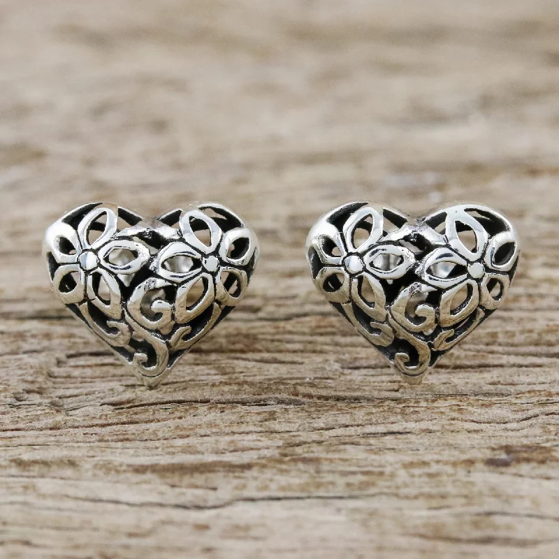 Petaled Hearts Floral Heart-Shaped Sterling Silver Earrings from Thailand