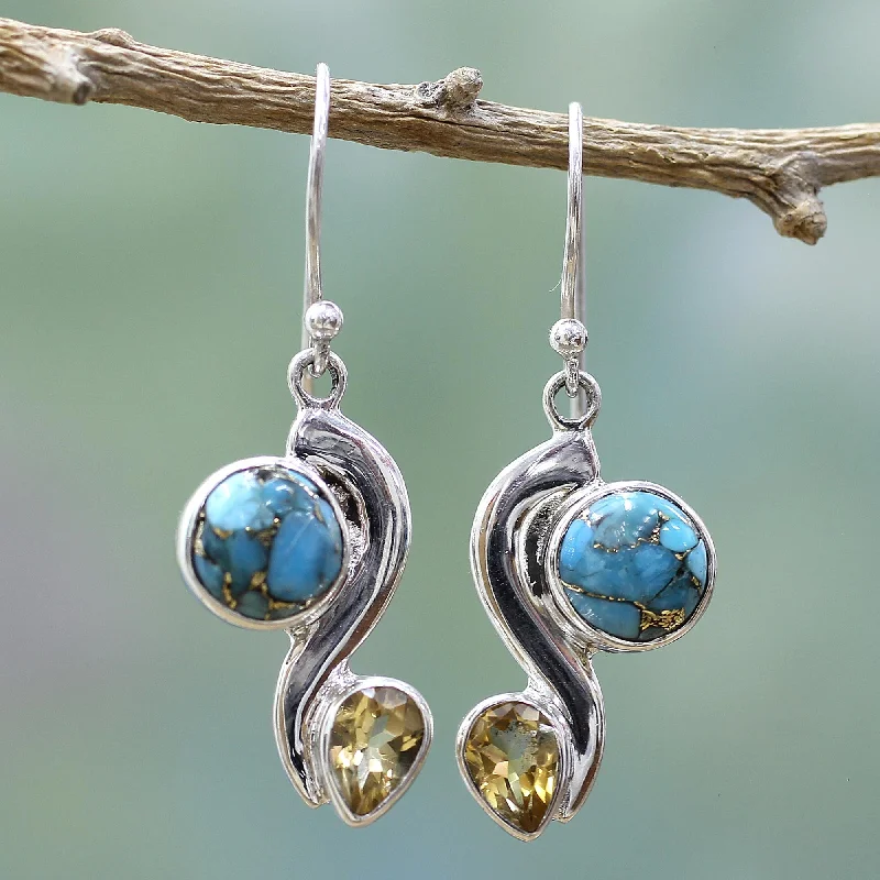 Sparkling Planet Citrine Composite Turquoise Dangle Earrings from India