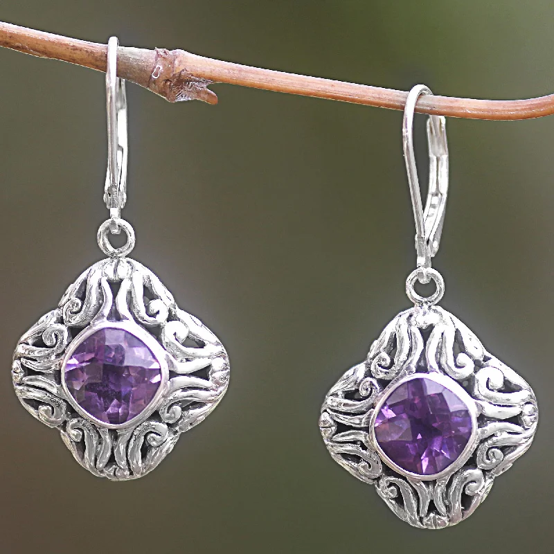 Swirling Purple Amethyst and Sterling Silver Dangle Earrings from Indonesia