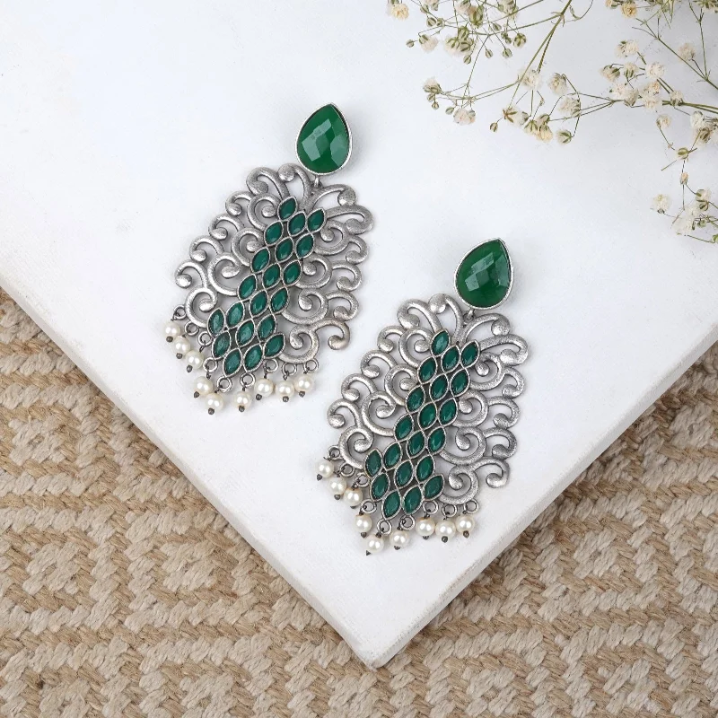 Teejh Anvita Green and Silver Oxidised Earring